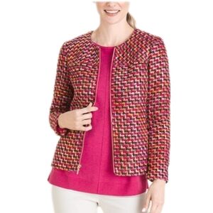 Chico's magenta multi color zip front zigzag tweed blazer jacket M